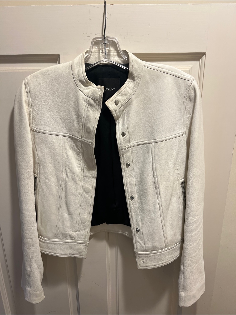 Women’s White Leather Snap-Front Jacket